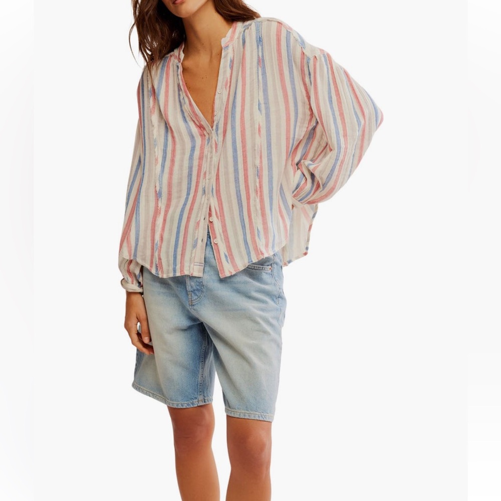 Free People NWT Valley Stripe 100% Cotton Double Cloth Button-Up Shirt 🇺🇸